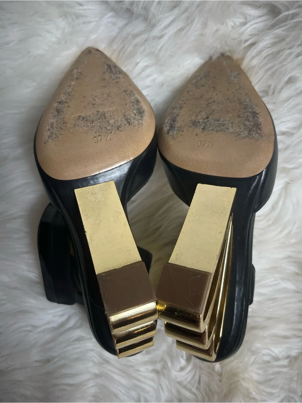 Nicholas Kirwood leather Black Ankle-Strap Heels Gold tSculpted Heel EU SZ 37.5